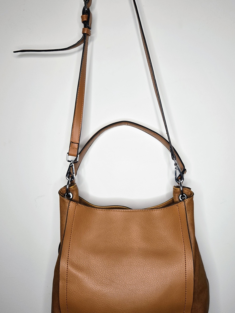 Tan Faux Leather Slouchy Hobo Shoulder Bag with Textured Leather Trim Tote 12x12 - Picture 3 of 16